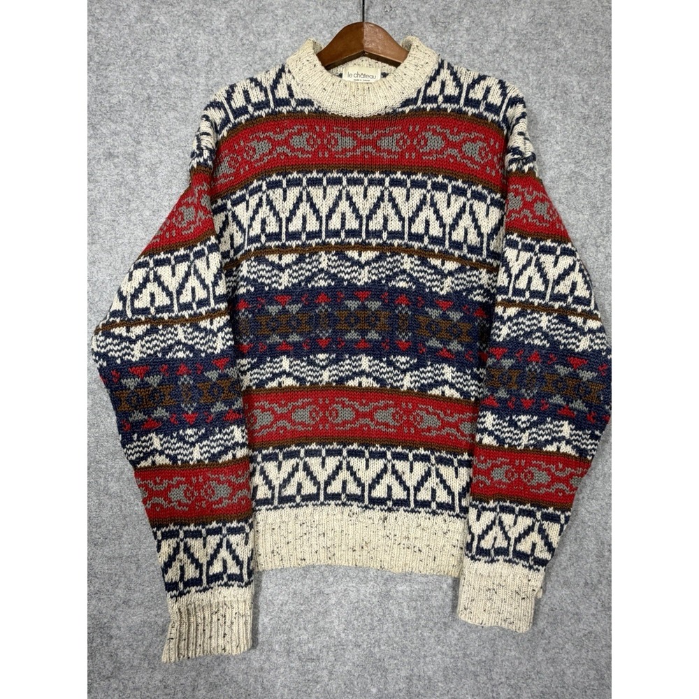 Vintage Le Chateau Fair Isle Wool Blend Sweater Tagged S/M Red Navy Cream Nordic